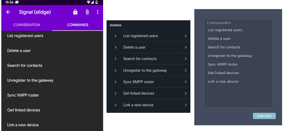 Cheogram, movim and gajim user interfaces for adhoc commands.